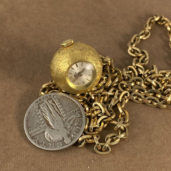 Vintage Bucherer 14K Gold Pendant Watch Necklace: Swiss 17  Vintage 14 Karat Gold Handmade Link Necklace with a Bucherer Orb 17 Jewel Watch